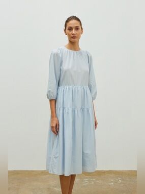 SOMETHING TO HOLD 100% Japanese Organic Cotton Tiered Light Blue Pockets Dress